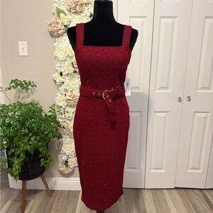Premier Burgundy Sleeveless Knit Midi Dress with Belt